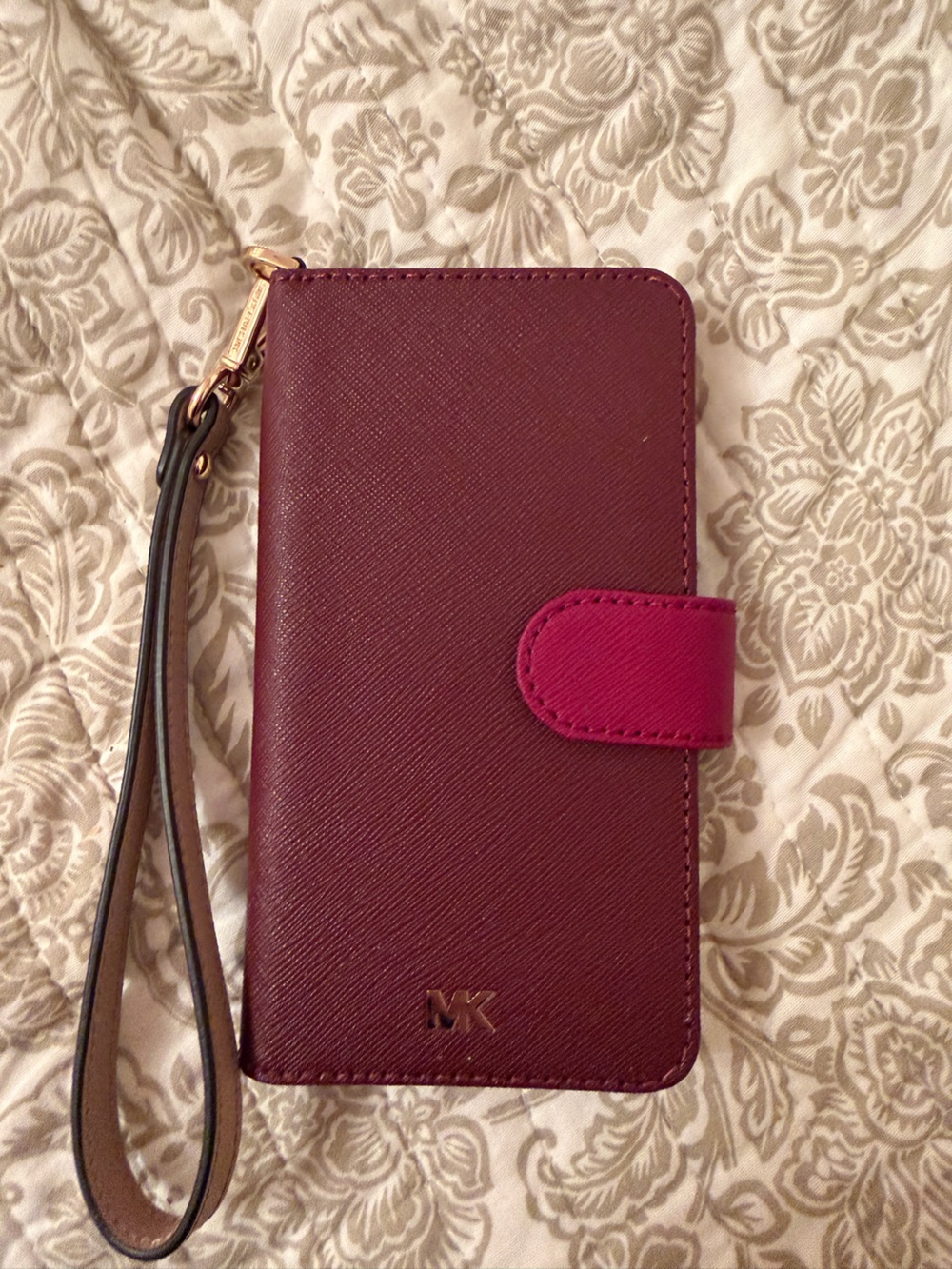 Michael Kors Burgundy and Pink Saffiano Leather Wristlet Phone Case